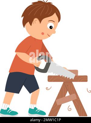 Vektor-Arbeiter. Flache, lustige Kinderfigur, die Holz mit einer Säge auf der Werkbank sägt. Illustration des Handwerksunterrichts. Das Konzept eines Kindes, das das Arbeiten lernt Stock Vektor