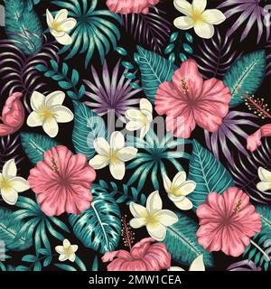 Vektornahtloses Muster grüner tropischer Blätter mit Plumeria- und Hibiskusblüten auf schwarzem Hintergrund. Sommer oder Frühling mit tropischer Kulisse. Bsp Stock Vektor