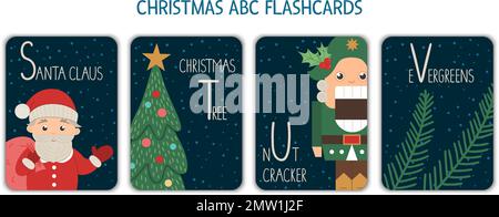Bunte Buchstaben S, T, U, V. Phonics-Karteikarte. Süße Weihnachtskarten mit ABC-Motiven zum Lesen mit lustigem Weihnachtsmann, Weihnachtsbaum, Stock Vektor
