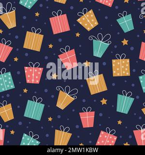 Vector Christmas Nahtloses Muster mit verschiedenen Geschenken auf dunkelblauem Hintergrund. Süße, lustige Textur von Symbolik für das neue Jahr. Weihnachtlicher flacher Stil Stock Vektor