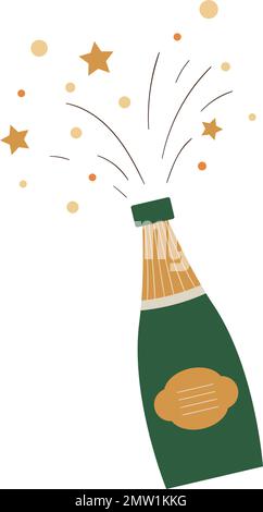 Vector eröffnete Champagner mit Bursts und Spritzwasser auf weißem Hintergrund. Süße, lustige Illustration eines Symbols für das neue Jahr. Weihnachtliches Flachbild Stock Vektor