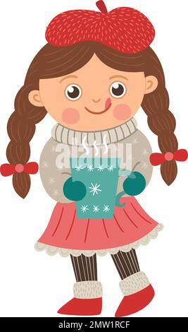 Ein glückliches Mädchen mit langen braunen Haaren in Zöpfen, das eine Tasse mit heißem Getränk hält. Süße Winterkinder-Illustration isoliert auf weißem Hintergrund. Lustige Wohnungen Stock Vektor