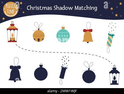 Weihnachtsschattenspiel für Kinder. Süße Laterne, Weihnachtsball, Klingelglocke, Cracker. Finde die richtige Silhouette für das Winterspiel. Stock Vektor