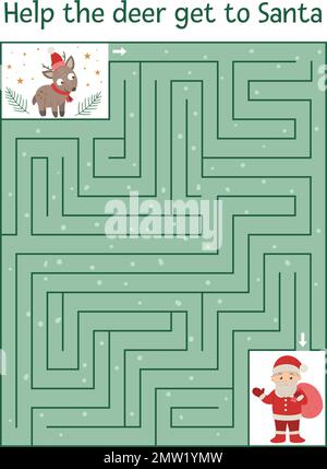 Winterlabyrinth für Kinder. Weihnachtsaktivität im Vorschulalter. Silvester-Puzzle-Spiel mit Rentieren und Weihnachtsmann. Hilf dem Reh, zum Weihnachtsmann zu kommen. Stock Vektor