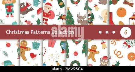 Vector Christmas Seamless Motivs Kollektion. Niedliche, lustige Kollektion mit Wiederholhintergründen und Symbolik für das neue Jahr. Weihnachtsbild im flachen Stil für Dekoration Stock Vektor