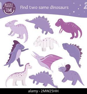 Finde zwei gleiche Dinosaurier. Passende Aktivitäten für Vorschulkinder. Lustiges prähistorisches Spiel für Kinder. Logisches Quiz-Arbeitsblatt. Stock Vektor