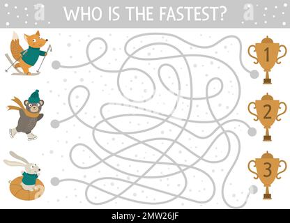 Winterlabyrinth für Kinder. Weihnachtsaktivität im Vorschulalter. Silvester-Puzzle-Spiel mit niedlichen Tieren mit Schlittschuhen, Tuben, Skiern. Wer ist schneller in den Kubus zu kommen Stock Vektor