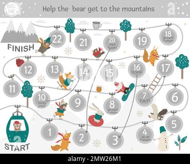 Winterabenteuer Brettspiel für Kinder mit Sport und Aktivitäten. Pädagogisches Festtagsspiel. Puzzle mit Waldtieren in der Seilbahn. Stock Vektor