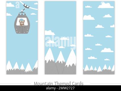 Satz vertikaler Vektorkarten mit schneebedeckten Bergen, Wolken, Seilbahn mit süßem Bären im Inneren. Flyer für Winteraktivitäten. Lustige kalte Seaso Stock Vektor