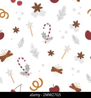 Nahtloses Vektormuster mit traditionellen Wintergewürzen und Früchten. Weihnachten zu Weihnachten wiederholt sich der Hintergrund. Gemütliche, wärmende Speisenzutat Stock Vektor
