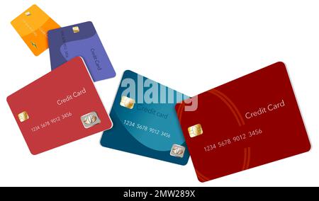In diesem Bild schweben fünf Kreditkarten in verschiedenen Farben durch die Luft. Dies ist eine 3-Abbildung Stockfoto