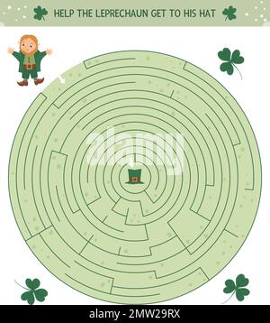 Das Labyrinth des St. Patrick's Day für Kinder. Irische Feiertagsaktivität im Vorschulalter. Frühlings-Puzzle-Spiel mit süßem Elf und Shamrock. Hilf dem Kobold, zu ihm zu kommen Stock Vektor