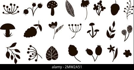 Vektor-Waldelemente Silhouetten Clip-Art-Set. Flache, trendige Illustration mit Blättern, Zweigen, Beeren, Zapfen, Pilzen. Wald oder Wald schwarz e Stock Vektor