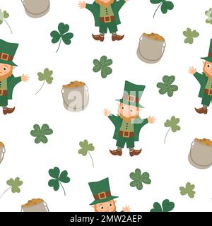Nahtloses Vektormuster mit Symbolen zum St. Patrick's Day. Wiederholt sich der Hintergrund des irischen Feiertags. Süße, lustige, flache Koboldstruktur. Stock Vektor