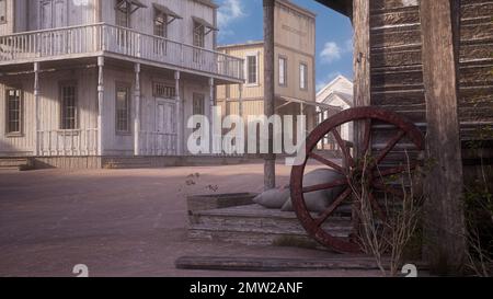 Eine alte wilde Straßenszene in der westlichen Stadt mit einem Wagenrad, das im Vordergrund an einer Holzwand steht. 3D Abbildung. Stockfoto