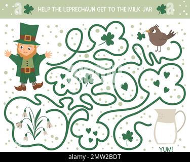 Das Labyrinth des St. Patrick's Day für Kinder. Irische Feiertagsaktivität im Vorschulalter. Frühlings-Puzzle-Spiel mit süßem Elf, Vogel, Blume. Hilf dem Kobold, zu ihr zu kommen Stock Vektor