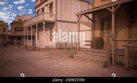 Hölzerne Treppen und Eingang zum Haus in einer alten amerikanischen westlichen Straße mit Hotel und Saloon im Hintergrund. 3D Abbildung. Stockfoto