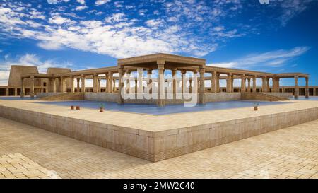 Antiker ägyptischer Pharaohpalast mit Steinsäulen und einem großen blauen Wasserbecken. 3D Abbildung. Stockfoto