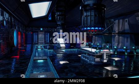 Dunkle Atmosphäre, futuristische Science-Fiction, Alien-Technologie-Laborraum in einem Raumschiff oder einer Station. 3D Abbildung. Stockfoto