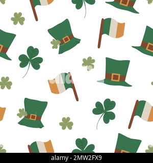 Nahtloses Vektormuster mit Symbolen zum St. Patrick's Day. Wiederholt sich der Hintergrund des irischen Feiertags. Niedliche, lustige flache Textur mit grünem Hut, irischer Stock Vektor