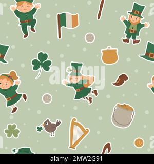Nahtloses Vektormuster mit St. Patrick's Day-Aufklebern. Nationaler irischer Wiederholungshintergrund. Süße, lustige, flache Textur mit Feiertagssymbolen. Stock Vektor