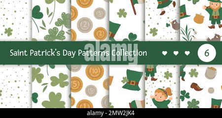 Vektorsatz nahtloser Muster mit Symbolen zum St. Patrick's Day. Wiederholt sich der Hintergrund des irischen Feiertags. Süße, lustige, flache Koboldstruktur. Stock Vektor