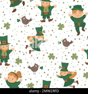 Nahtloses Vektormuster mit Symbolen zum St. Patrick's Day. Wiederholt sich der Hintergrund des irischen Feiertags. Süße, lustige, flache Textur mit Kobold und Fai Stock Vektor