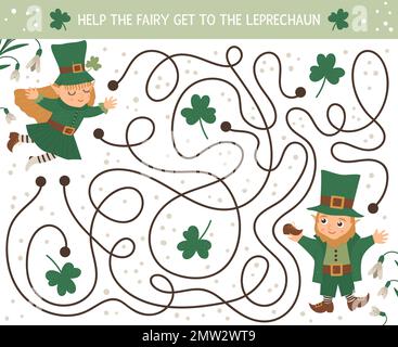 Das Labyrinth des St. Patrick's Day für Kinder. Irische Feiertagsaktivität im Vorschulalter. Frühlings-Puzzle-Spiel mit süßen Elfen und Feen. Hilf der Fee, zur Beinprech zu kommen Stock Vektor