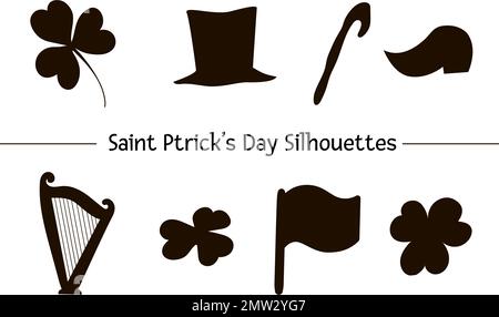 Vektorset von St. Silhouettensymbole für Patrick's Day. Schwarze Feiertagssymbole isoliert auf weißem Hintergrund. Stock Vektor