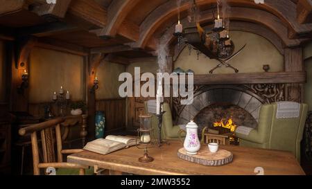 Gemütliches Wohnzimmer in einem kleinen mittelalterlichen Fantasy Cottage-Haus für Halflings oder Zwerge. 3D Abbildung. Stockfoto
