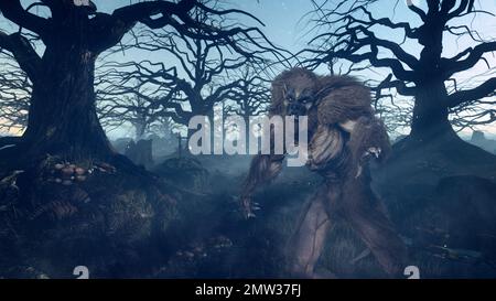 Werwolf mythische übernatürliche Kreatur in einem dunklen, gruseligen Wald bei Nacht. 3D Abbildung. Stockfoto