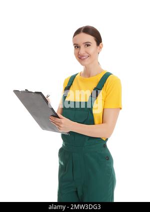 Porträt eines professionellen Automechanikers mit Klemmbrett auf weißem Hintergrund Stockfoto