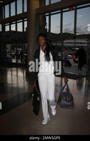 Frisch nach dem Wimbledon-Sieg kommen die Schwestern Serena und Venus Williams am Los Angeles International Airport an, um einen Flug aus der Stadt zu erwischen. Die Schwestern hatten eine große Menge Gepäck zwischen sich und brachten sogar ihre kostbaren Welpen für die Reise mit. Während des diesjährigen Turniers in Wimbledon erhielt Serena den Titel von der älteren Schwester und dem zweimaligen Verteidiger Venus. Später am Tag gewannen die Schwestern den vierten Doppel-Titel für Frauen. Los Angeles, Kalifornien. 7/17/09. . Stockfoto