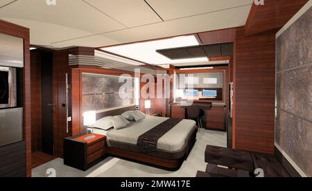 Die History Supreme wurde von einem anonymen malaysischen Geschäftsmann für Stuart Hughes aus Liverpool, Großbritannien, in Auftrag gegeben und ist mit $4,84 Milliarden Dollar wahrscheinlich die teuerste Yacht der Welt. Die 100-Fuß-Yacht dauerte drei Jahre und enthält fast 100.000 Kilogramm massives Gold und Platin. Alle Ausstattungsmerkmale, einschließlich der Decks, des Essbereichs, der Schienen und des Ankers, bestehen aus Edelmetallen und das gesamte Schiff ist in Gold umhüllt, eine dünne Schicht, die speziell für den riesigen Teil des Schiffs geformt wurde. Das Hauptschlafviertel ist mit Platin-Akzenten geschmückt, einschließlich einer Wandfigur Stockfoto