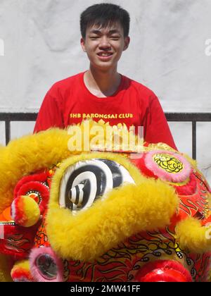 Porträt eines jungen Indonesiers chinesischer Abstammung in einem Löwentanz-Kostüm Stockfoto