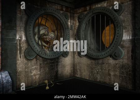 Ein unheimliches Schwarzer-Mann-Monster, das sich in den Rohren eines alten Kanals versteckt. Albtraum Horror Konzept 3D Illustration. Stockfoto