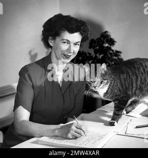 Beverly Cleary. Porträt der amerikanischen Kinderbuchautorin Beverly Atlee Cleary (1916-2021) mit ihrer Katze, 1955 Stockfoto