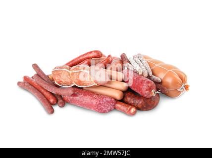 Verschiedene leckere Würstchen auf weißem Hintergrund. Fleischerzeugnis Stockfoto