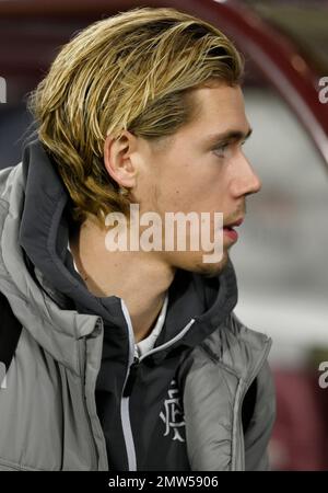 Edinburgh, Schottland, 1. Februar 2023. Todd Cantwell von Rangers kommt vor dem Spiel der Premierministerin im Tynecastle Park in Edinburgh an. Der Bildausdruck sollte lauten: Neil Hanna/Sportimage Stockfoto