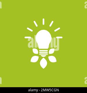 Weiße glänzende Glühlampe mit Blättern und Lichtstrahlen. Isoliert auf Grün. Symbol für flache Kontur. Vektordarstellung. Umweltfreundlich. Umweltfreundlich. Weltumwelt da Stock Vektor