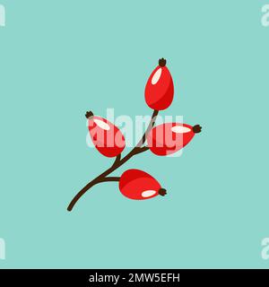 Symbol für rote Beeren mit wilden Rosen auf türkisfarbenem Hintergrund. Winter- und Herbstvektor mit Zweigen. Hagebutten oder Rosenbuschbeeren. Stock Vektor