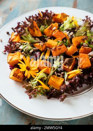 Warmer gerösteter Kürbis- und Linsensalat Stockfoto