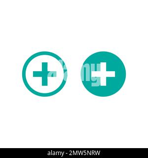 Weißes Kreuz in blauem Kreis. Tasten eingestellt. Abgewickeltes Vektorsymbol, isoliert auf weiß. Piktogramm zum Kauf hinzufügen oder hinzufügen. Gut für Web- und Mobildesign. Stock Vektor