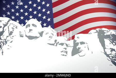 Der Presidents Day mit Mount Rushmore und der Flagge der USA. Happy President's Day Design mit vier amerikanischen Präsidenten. Vektordarstellung Stock Vektor