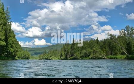 Geographie, Potamologie. Mittelsibirien (Südteil). Panorama von mächtigen Flüssen und Taigawäldern, Sommer, typische koniforme Hügeloreographie (kahlköpfiger Gipfel Stockfoto