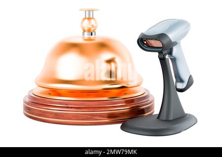 Strichcodeleser, Scanner mit Empfangsglocke. 3D-Rendering auf weißem Hintergrund isoliert Stockfoto