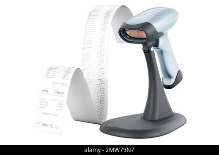 Strichcodeleser, Scanner mit gedrucktem Beleg. 3D-Rendering auf weißem Hintergrund isoliert Stockfoto