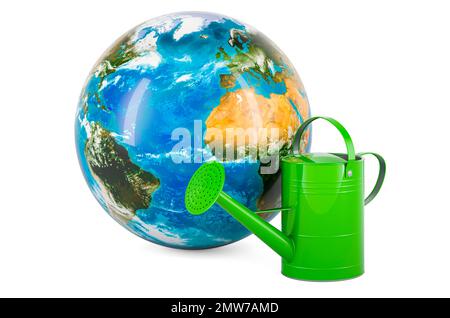 Gießkanne mit Earth Globe, 3D-Rendering isoliert auf weißem Hintergrund Stockfoto