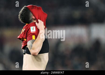 Rom, Italien - 1. Februar 2023 Benjamin Tahirovic von Roma reagiert während des italienischen Pokals, Coppa Italia, Viertelfinale des Fußballspiels zwischen AS Roma und US-Cremonese am 1. Februar 2023 im Stadio Olimpico in Rom, Italien - Photo Federico Proietti / DPPI Stockfoto