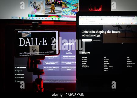 Die OpenAI-Website wurde auf dem Computer geöffnet. OpenAI ist das Unternehmen hinter dem künstlichen Intelligenz-bot ChatGPT und das beste Modell für die Erstellung digitaler, fotorealistischer Bilder – DALL E. Foto: Davor Puklavec/PIXSELL Stockfoto